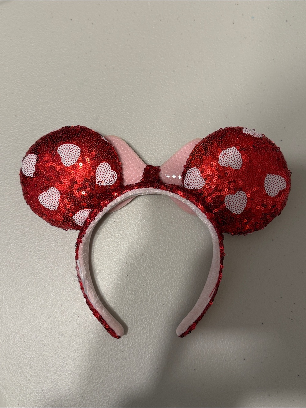 Disney Valentines Red Sequin Minnie Ears Headband with Pink Heart Bow - Picture 2 of 3